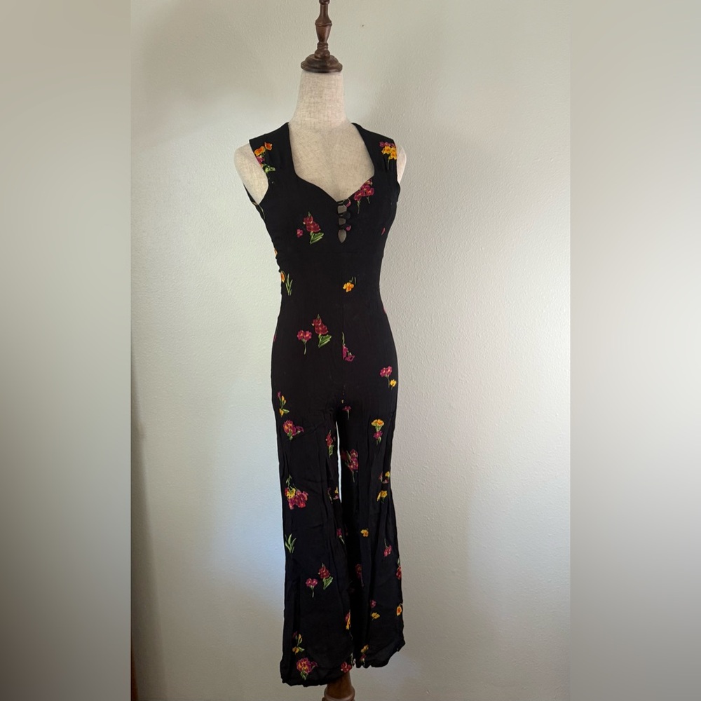 90s Betsey Johnson Black Jumpsuit with Vibrant Floral Patterns